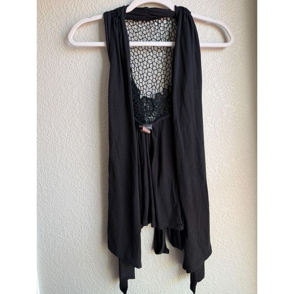 Wet Seal Black Crochet Lace Back Draped Vest XS Asymmetrical Tie Y2K Style